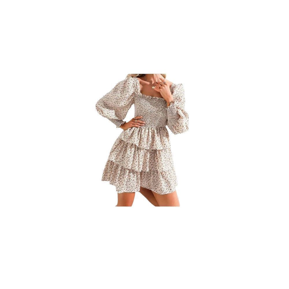 Boho Ladies Size Large Beige Floral Print Square Neck Tiered Skirt Dress